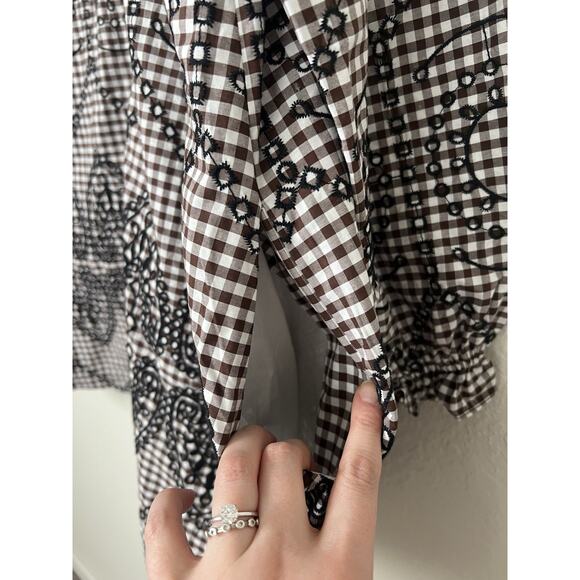 Anthropologie Pilcro Keira Long Sleeve Shirt Dress Brown Gingham Black Embroider - Picture 7 of 9
